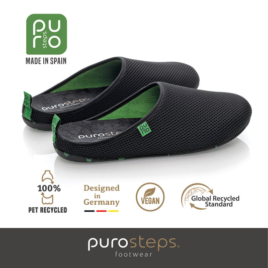 purosteps Casa-Eco Hausschuhe Slipper Pantoffel Fußbett Unisex Recycelt Schwarz Neon Grün