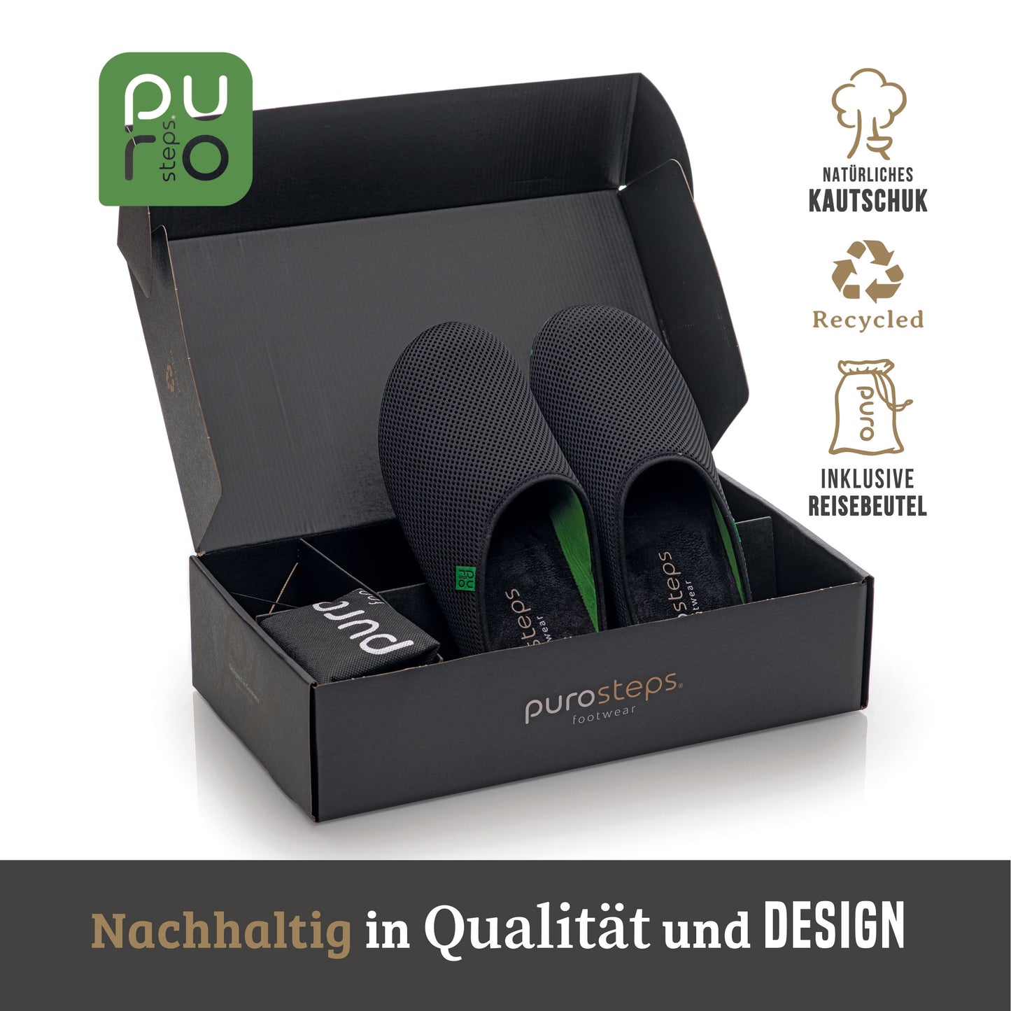 purosteps Casa-Eco Hausschuhe Slipper Pantoffel Fußbett Unisex Recycelt Schwarz Neon Grün