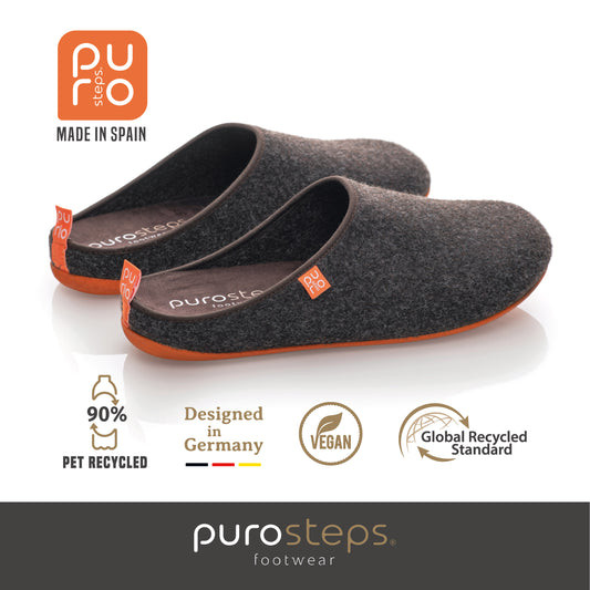 purosteps Fieltro-Eco Filz Hausschuhe Slipper Pantoffel Fußbett Unisex Recycelt Braun Orange