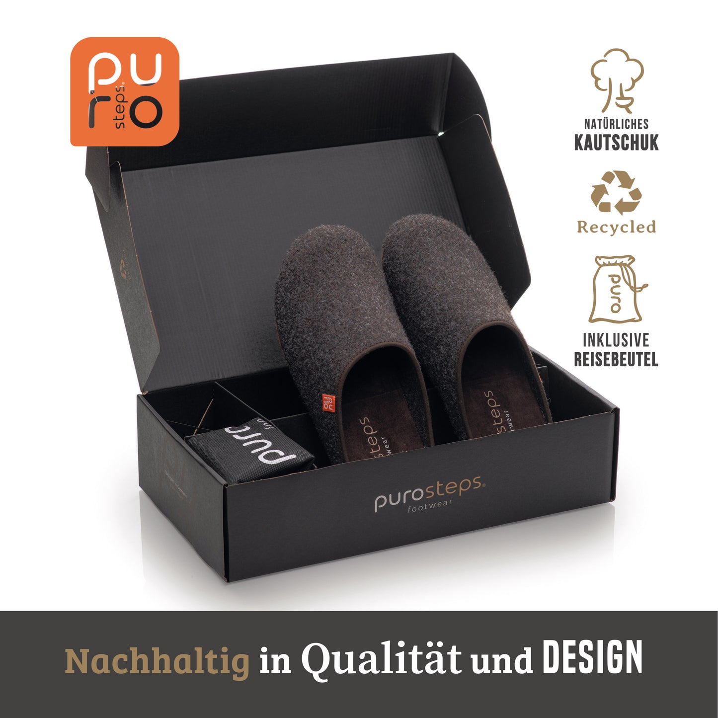 purosteps Fieltro-Eco Filz Hausschuhe Slipper Pantoffel Fußbett Unisex Recycelt Braun Orange