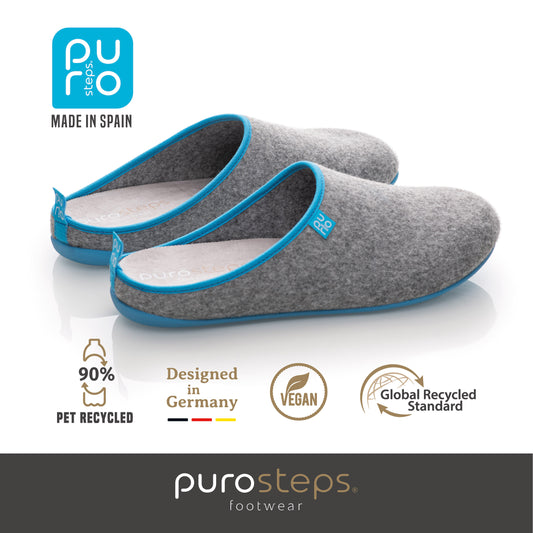 purosteps Fieltro-Eco Filz Hausschuhe Slipper Pantoffel Fußbett Unisex Recycelt Grau Hellblau