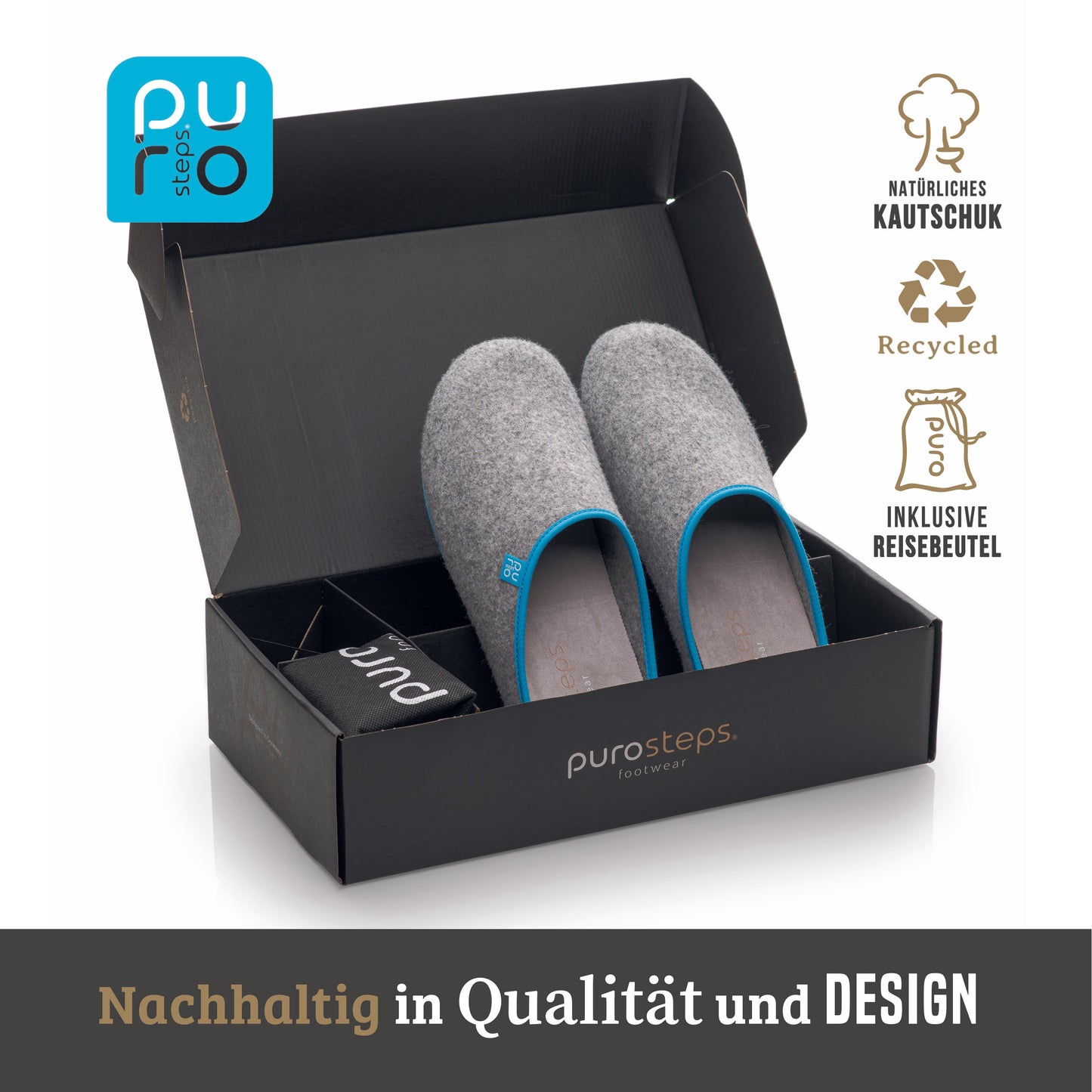 purosteps Fieltro-Eco Filz Hausschuhe Slipper Pantoffel Fußbett Unisex Recycelt Grau Hellblau