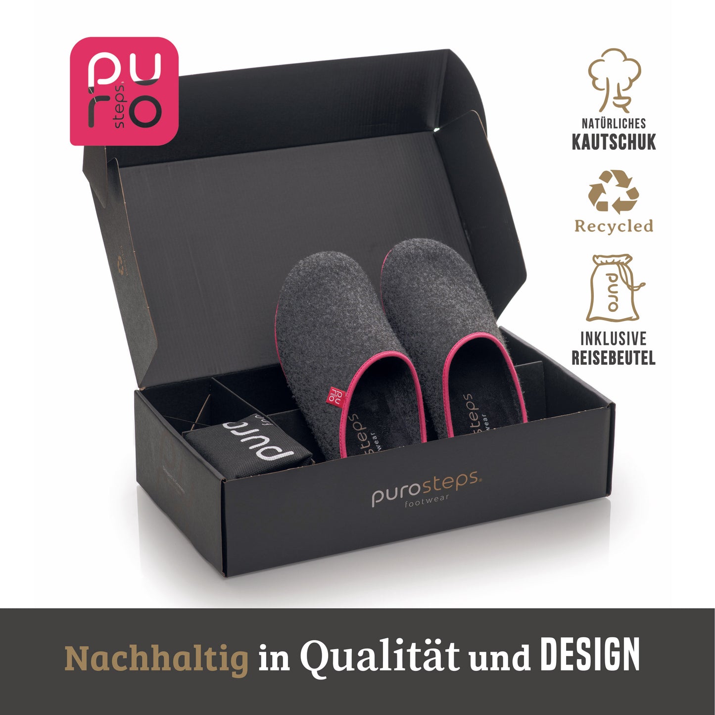 purosteps Fieltro-Eco Filz Hausschuhe Slipper Pantoffel Fußbett Unisex Recycelt Grau Pink