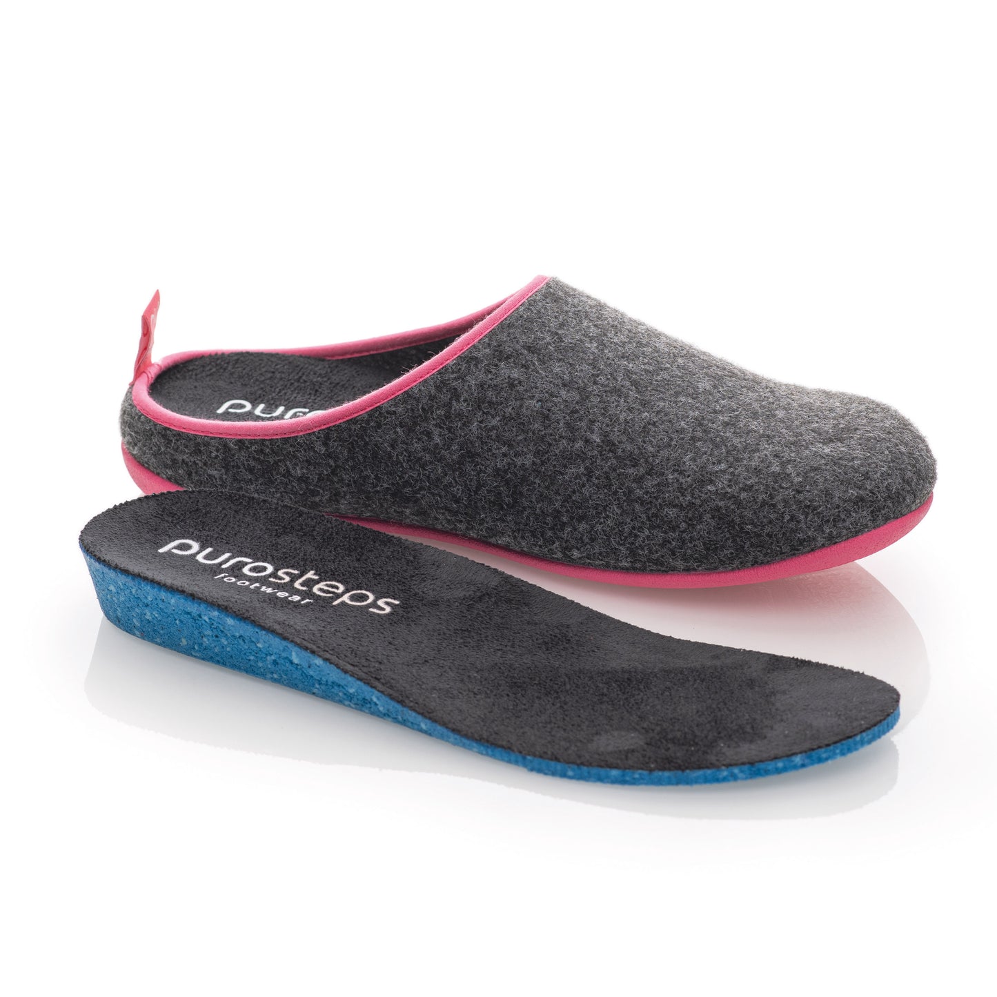 purosteps Fieltro-Eco Filz Hausschuhe Slipper Pantoffel Fußbett Unisex Recycelt Grau Pink