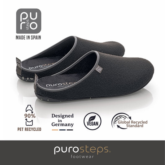purosteps Fieltro-Eco Filz Hausschuhe Slipper Pantoffel Fußbett Unisex Recycelt Schwarz Grau