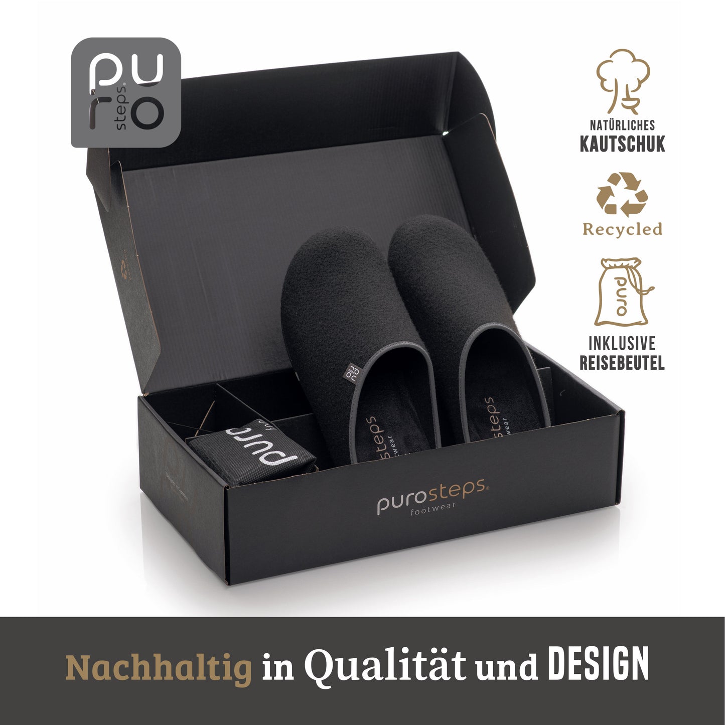 purosteps Fieltro-Eco Filz Hausschuhe Slipper Pantoffel Fußbett Unisex Recycelt Schwarz Grau
