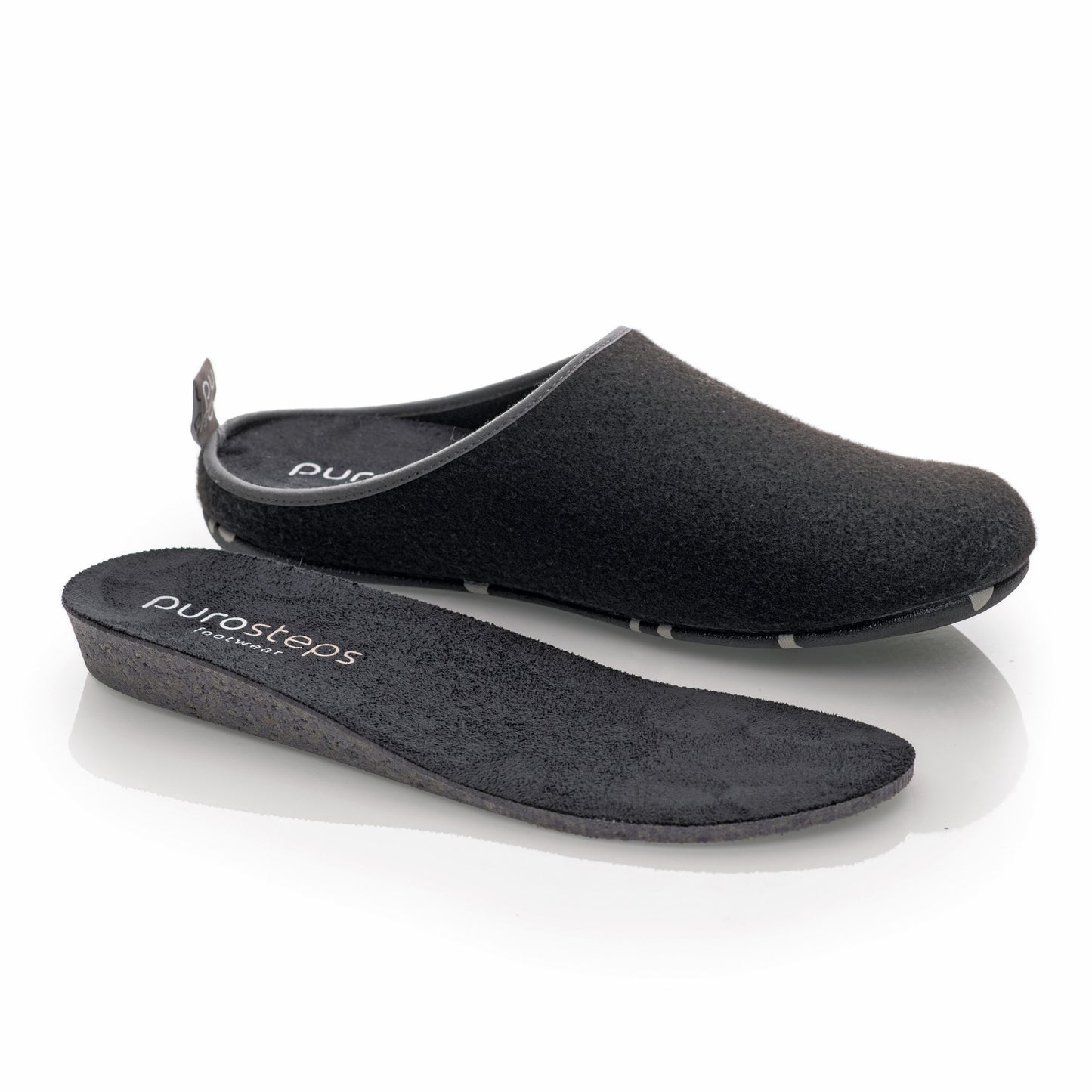 purosteps Fieltro-Eco Filz Hausschuhe Slipper Pantoffel Fußbett Unisex Recycelt Schwarz Grau
