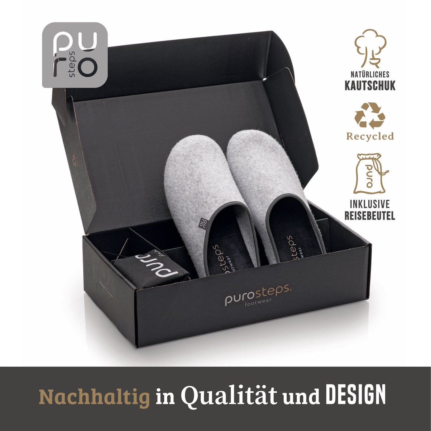 purosteps Fieltro-Eco Filz Hausschuhe Slipper Pantoffel Fußbett Unisex Recycelt Smoke Grau