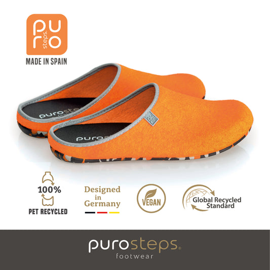 purosteps Fieltro-Eco-Signet Filz Hausschuhe Slipper Pantoffel Fußbett Unisex Recycelt Orange Grau