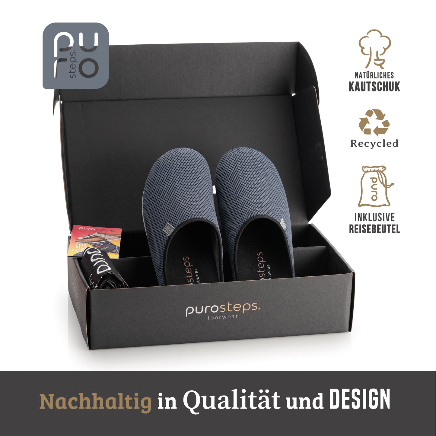 purosteps Casa-Eco-Signet Hausschuhe Slipper Pantoffel Fußbett Unisex Recycelt Schwarz Grau