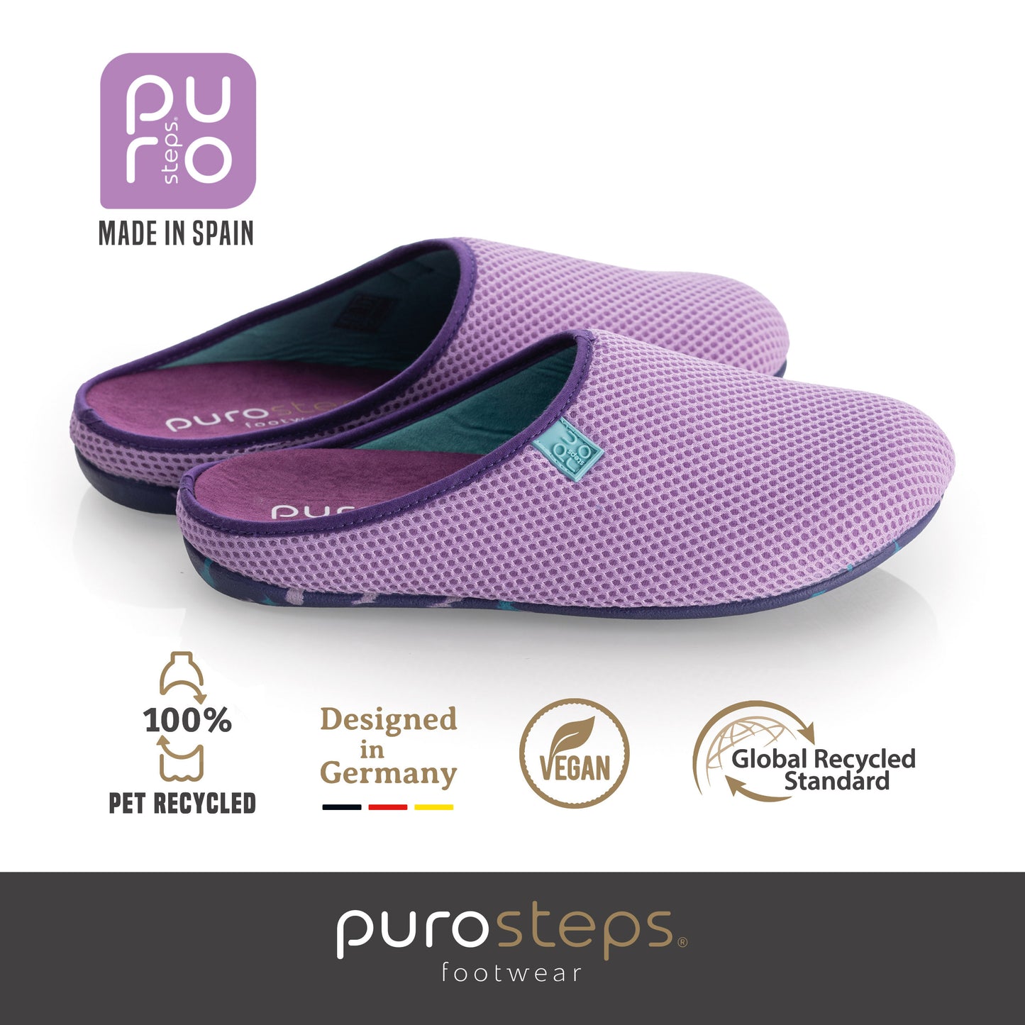 purosteps Casa-Eco-Signet Damen Hausschuhe Slipper Pantoffel Fußbett Violett-Türkis