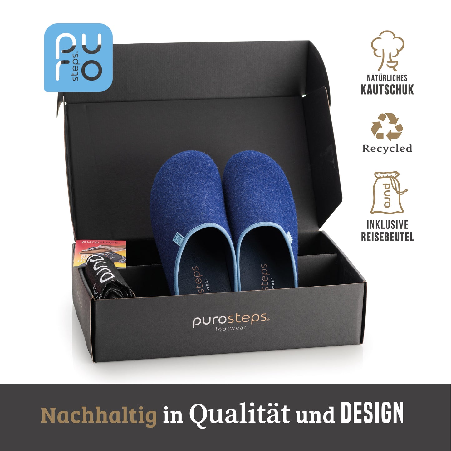 purosteps Fieltro-Eco-Signet Filz Hausschuhe Slipper Pantoffel Fußbett Unisex Recycelt Dunkelblau Hellblau