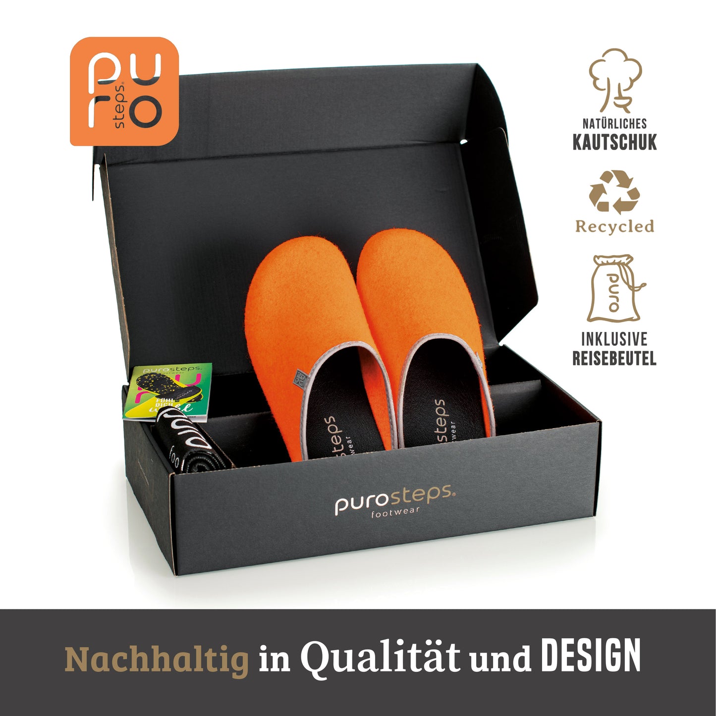 purosteps Fieltro-Eco-Signet Filz Hausschuhe Slipper Pantoffel Fußbett Unisex Recycelt Orange Grau
