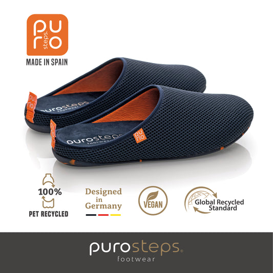 purosteps Casa-Eco Hausschuhe Slipper Pantoffel Fußbett Unisex Recycelt Dunkel Blau Orange