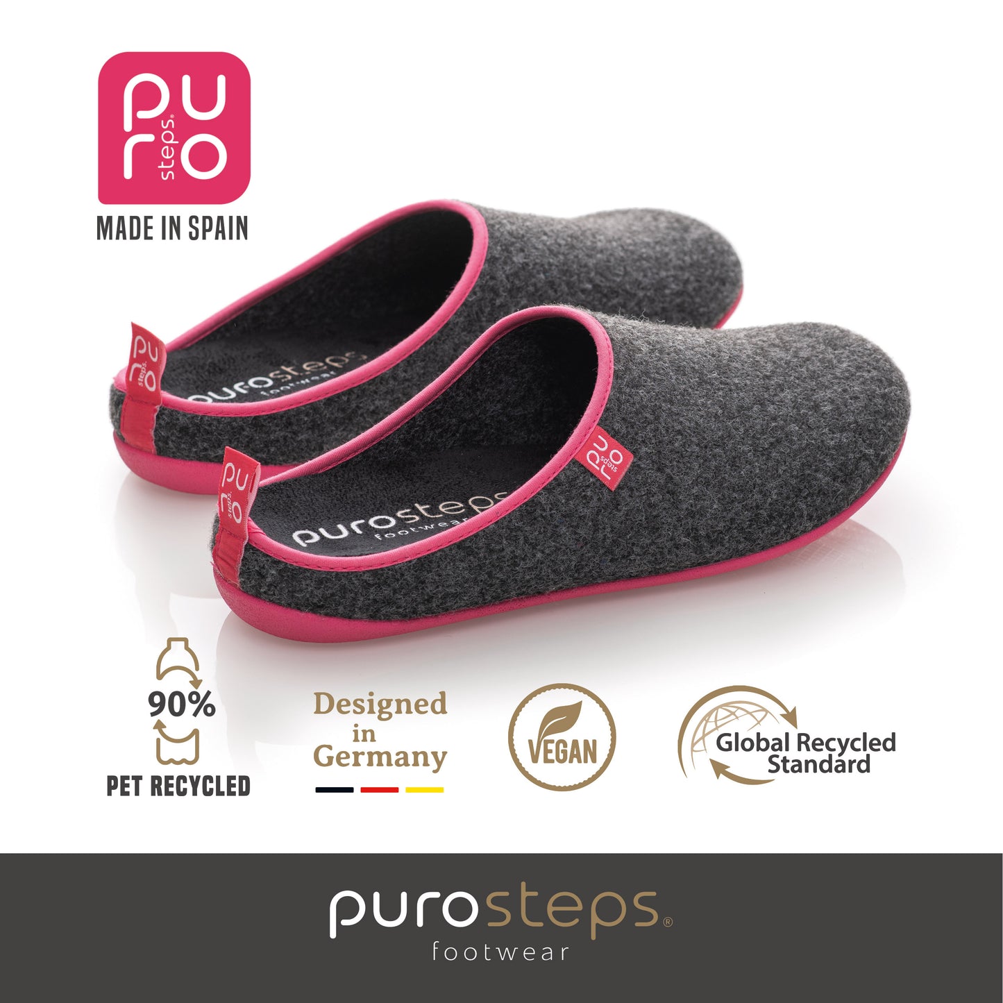 purosteps Fieltro-Eco Filz Hausschuhe Slipper Pantoffel Fußbett Unisex Recycelt Grau Pink